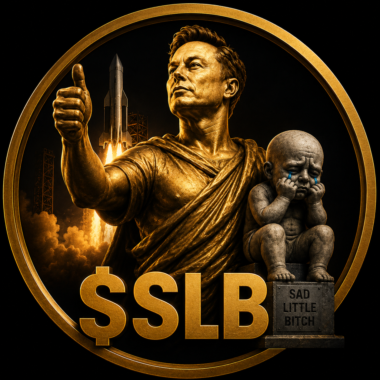Official $SLB token artwork: a gold Roman statue giving a thumbs-up beside a launching rocket and a small crying stone statue labeled Sad Little Bitch